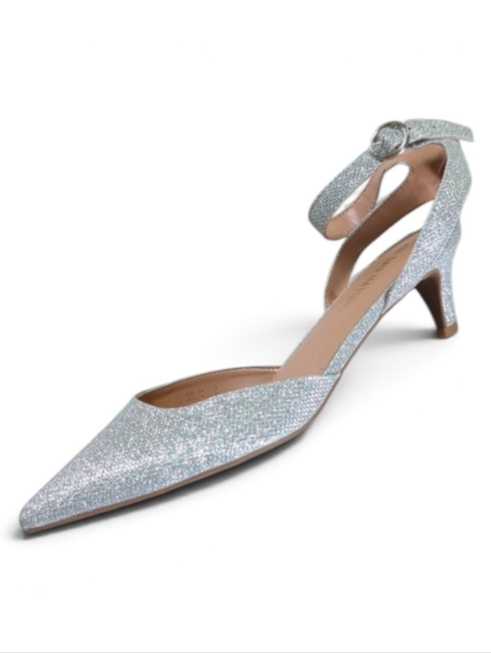 Dream Paris, Silver Sparkle Ankle Strap Kitten Heels. Size 10